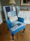 Reupholstered Blue Patchwork Wingback Chair Fireside Armchair