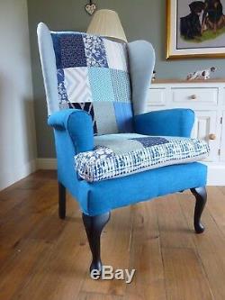 Reupholstered Blue Patchwork Wingback Chair Fireside Armchair