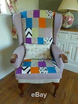 Reupholstered Patchwork Wingback Chair Fireside Armchair