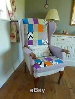 Reupholstered Patchwork Wingback Chair Fireside Armchair