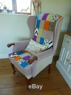 Reupholstered Patchwork Wingback Chair Fireside Armchair