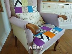 Reupholstered Patchwork Wingback Chair Fireside Armchair