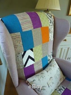 Reupholstered Patchwork Wingback Chair Fireside Armchair