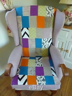 Reupholstered Patchwork Wingback Chair Fireside Armchair