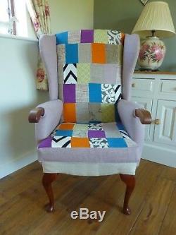 Reupholstered Patchwork Wingback Chair Fireside Armchair