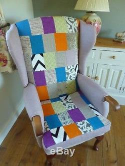 Reupholstered Patchwork Wingback Chair Fireside Armchair