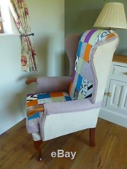 Reupholstered Patchwork Wingback Chair Fireside Armchair