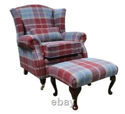 Ruby Red Tartan Fireside Queen Anne High Back Fabric Wing Armchair + Footstool