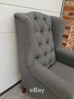 #SALE# Grey Tweed Buttoned Back High Back Wing Chair/ Fireside Armchair