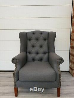 #SALE# Grey Tweed Buttoned Back High Wing Back Chair/ Fireside Armchair
