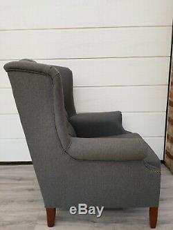 #SALE# Grey Tweed Buttoned Back High Wing Back Chair/ Fireside Armchair
