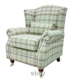 Sage Green Tartan Fireside Queen Anne High Back Checked Fabric Wing Armchair