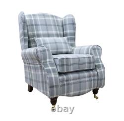 Sherlock Dove Grey Tartan Fireside Queen Anne High Back Fabric Wing Chair