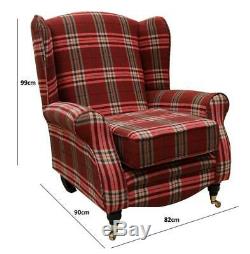 Sherlock Wing Chair Fireside High Back Armchair Balmoral Red Check Fabric