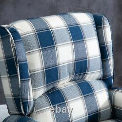 Single Blue Check Wing Back Recliner Armchair Fireside Sofa Chair Linen Fabric