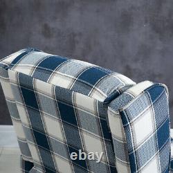 Single Blue Check Wing Back Recliner Armchair Fireside Sofa Chair Linen Fabric