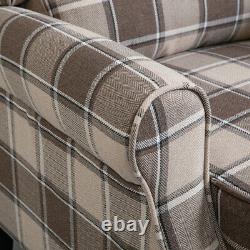 Single Brown Check Wing Back Recliner Armchair Fireside Sofa Chair Linen Fabric
