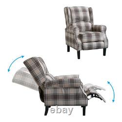 Single Brown Check Wing Back Recliner Armchair Fireside Sofa Chair Linen Fabric