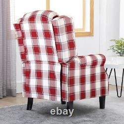 Single Red Check Wing Back Recliner Armchair Fireside Sofa Chair Linen Fabric