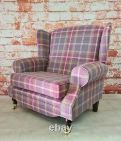 Snuggle Wing Back Cottage Fireside Chair EXTRA WIDE Balmoral Amethyst Tartan