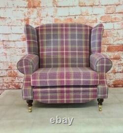Snuggle Wing Back Cottage Fireside Chair EXTRA WIDE Balmoral Amethyst Tartan