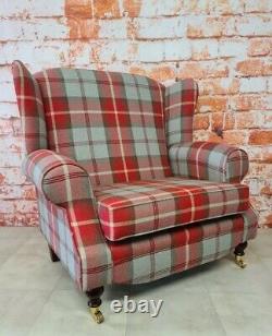 Snuggle Wing Back Cottage Fireside Chair EXTRA WIDE Balmoral Cherry/Grey Tartan