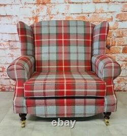 Snuggle Wing Back Cottage Fireside Chair EXTRA WIDE Balmoral Cherry/Grey Tartan