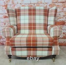 Snuggle Wing Back Cottage Fireside Chair EXTRA WIDE Balmoral Orange/Rust Tartan