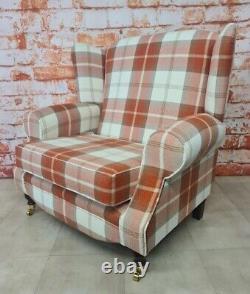 Snuggle Wing Back Cottage Fireside Chair EXTRA WIDE Balmoral Orange/Rust Tartan