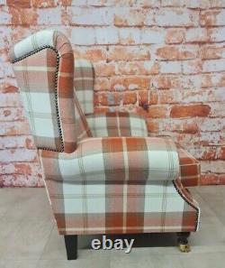 Snuggle Wing Back Cottage Fireside Chair EXTRA WIDE Balmoral Orange/Rust Tartan