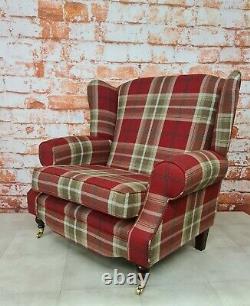 Snuggle Wing Back Cottage Fireside Chair EXTRA WIDE Balmoral Red Tartan Fabric