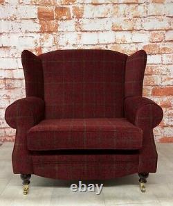 Snuggle Wing Back Cottage Fireside Chair EXTRA WIDE Lana Claret Check Fabric