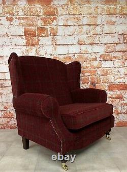 Snuggle Wing Back Cottage Fireside Chair EXTRA WIDE Lana Claret Check Fabric