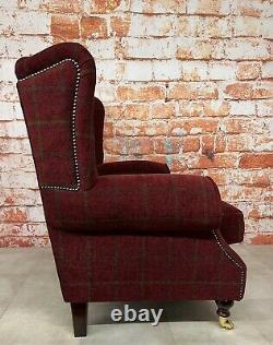 Snuggle Wing Back Cottage Fireside Chair EXTRA WIDE Lana Claret Check Fabric