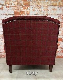 Snuggle Wing Back Cottage Fireside Chair EXTRA WIDE Lana Claret Check Fabric