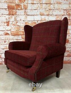 Snuggle Wing Back Cottage Fireside Chair EXTRA WIDE Lana Claret Check Fabric