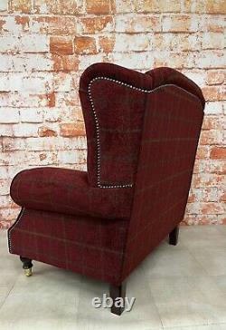 Snuggle Wing Back Cottage Fireside Chair EXTRA WIDE Lana Claret Check Fabric