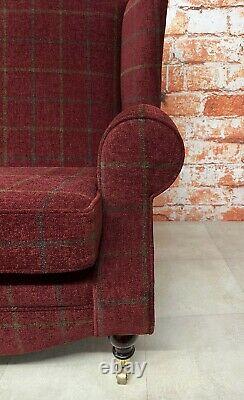 Snuggle Wing Back Cottage Fireside Chair EXTRA WIDE Lana Claret Check Fabric