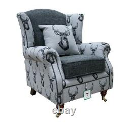 Stag Antler Grey Queen Anne Fireside High Back Wing Cottage Fabric Armchair
