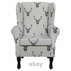 Stag Wingback Fireside Armchair Chair in Designer Charcoal Deer Fabric