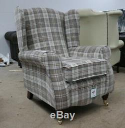 Stamford Fireside Checked High Back Wing Chair Beige Check Tartan Fabric