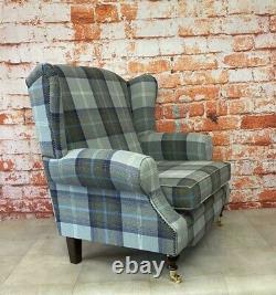 Sunggle Wing Back Fireside Chair EXTRA WIDE Balmoral Oxford Blue Tartan Fabric