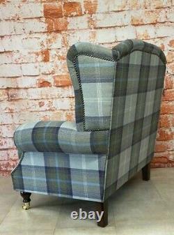 Sunggle Wing Back Fireside Chair EXTRA WIDE Balmoral Oxford Blue Tartan Fabric