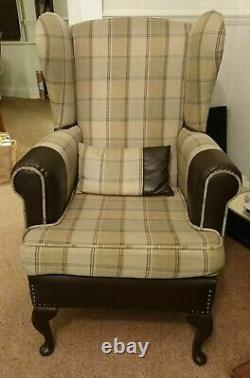 Tartan Armchair, Brown, Cream. Wingback, High Back Fireside Chair, Soft Fabric