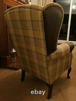 Tartan Armchair, Brown, Cream. Wingback, High Back Fireside Chair, Soft Fabric