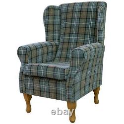 Tartan Blue Wingback Armchair Fireside Accent Chair Handmade Lana Check Fabric