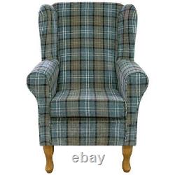 Tartan Blue Wingback Armchair Fireside Accent Chair Handmade Lana Check Fabric