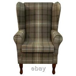 Tartan Brown High Back Armchair Fireside Large Chair Sophie Chocolate Fabric