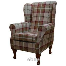 Tartan Brown Wingback Armchair Fireside Chair in Check Balmoral Mulberry Fabric