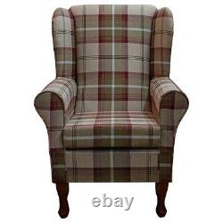Tartan Brown Wingback Armchair Fireside Chair in Check Balmoral Mulberry Fabric